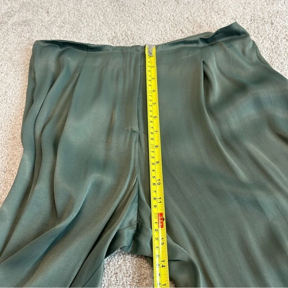 ZARA khaki green full length high waisted pleated wide leg satin effect pants M - Picture 10 of 13
